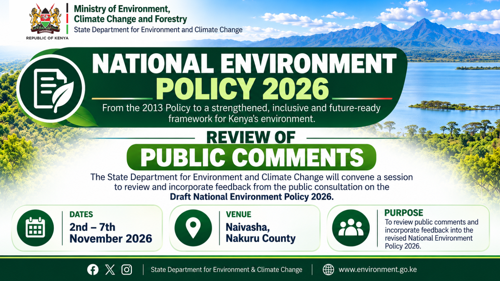 Kenya to Review Public Comments on the Draft National Environment Policy 2026 