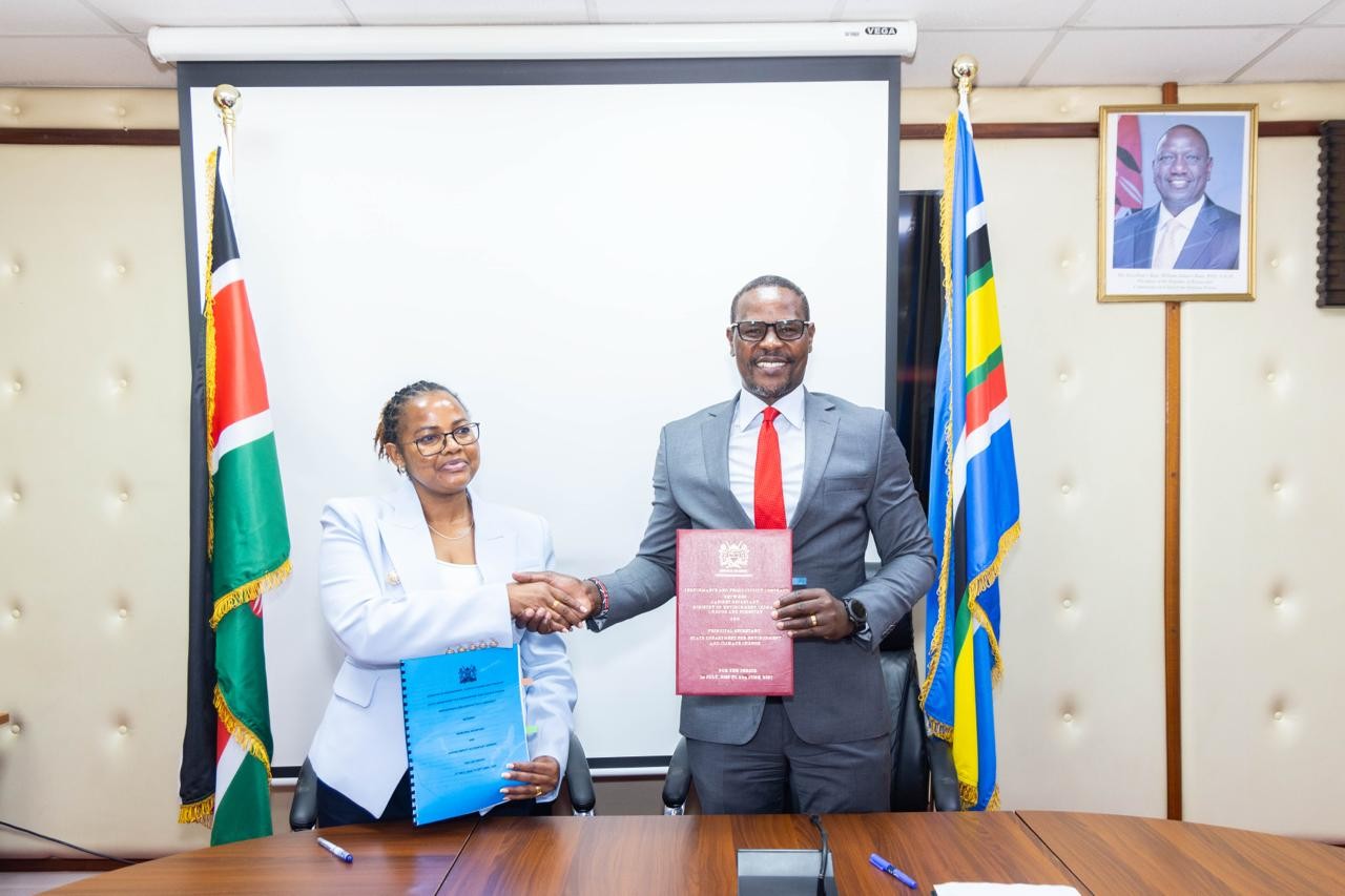 The Principal Secretary for Environment and Climate Change, Dr. Eng. Festus K. Ng’eno, MIEK, CBS, and Ms. Peninah Njuguna, Head of the Accounting Unit, pose for a photograph after signing the Performance Contract for the Financial Year 2026/2027.