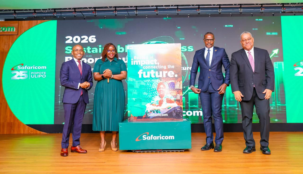 PS Dr. Eng. Festus K. Ng’eno poses for a group photo with Safaricom PLC Group Chief Executive Officer, Dr. Peter Ndegwa; Karen Basiye, Director of Sustainable Business, Social Impact and the Foundations at Safaricom PLC; and Dr. Garry Conille, during the launch of Safaricom PLC’s 2026 Sustainable Business Report at Safaricom House, Nairobi